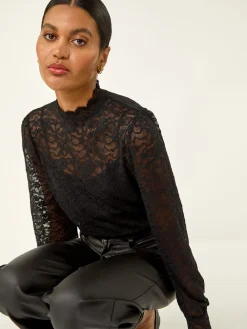 Roman Lace Frill High Neck Stretch Shirt Black Hot