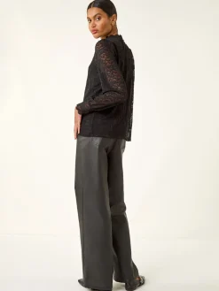 Roman Lace Frill High Neck Stretch Shirt Black Hot