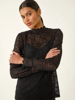 Roman Lace Frill High Neck Stretch Shirt Black Hot