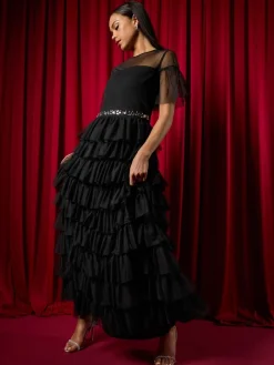 Roman Black Petite Embellished Mesh Tiered Dress