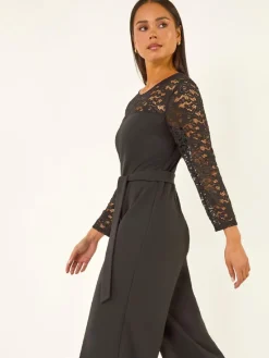 Roman Black Petite Lace Contrast Stretch Jumpsuit New