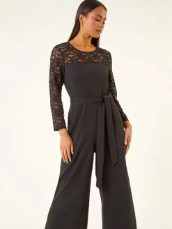 Roman Black Petite Lace Contrast Stretch Jumpsuit New