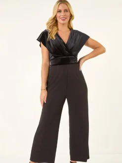 Roman Black Petite Velvet Contrast Jumpsuit