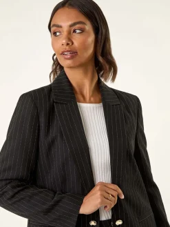 Roman Black Pinstripe Revered Collar Blazer Online