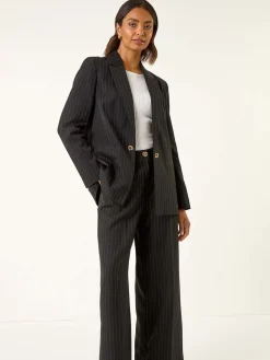 Roman Black Pinstripe Revered Collar Blazer Online