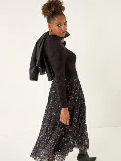 Roman Black Printed Lace Overlay Skirt Hot