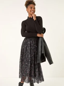 Roman Black Printed Lace Overlay Skirt Hot