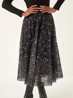 Roman Black Printed Lace Overlay Skirt Hot