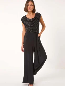 Roman Sequin Bodice Cowl Neck Jumpsuit Black Discount