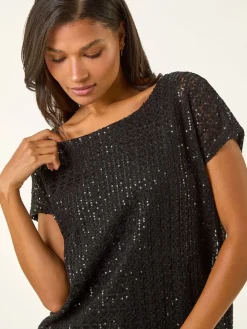Roman Black Sequin Cut Out Blouse Best