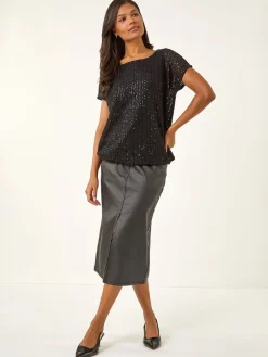 Roman Black Sequin Cut Out Blouse Best