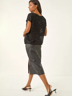 Roman Black Sequin Cut Out Blouse Best