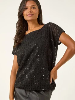 Roman Black Sequin Cut Out Blouse Best