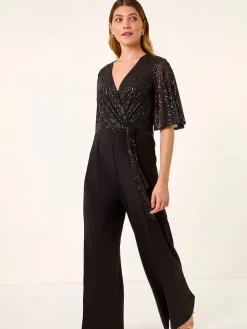 Roman Black Sequin Flutter Sleeve Stretch Jumpsuit Clearance