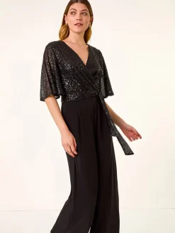 Roman Black Sequin Flutter Sleeve Stretch Jumpsuit Clearance