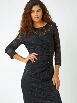 Roman Sequin Lace Ruched Stretch Dress Black