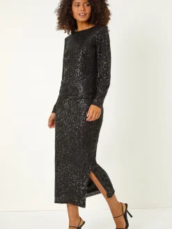 Roman Sequin Pencil Skirt Black Sale