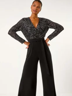 Roman Sequin Wrap V-Neck Stretch Jumpsuit Black Hot