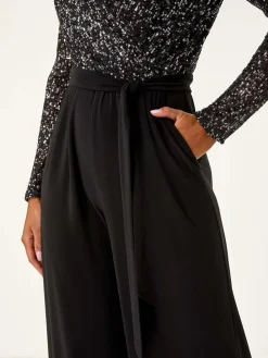 Roman Sequin Wrap V-Neck Stretch Jumpsuit Black Hot