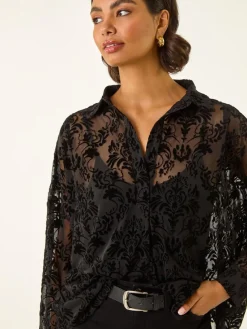 Roman Black Textured Floral V-Neck Blouse Discount