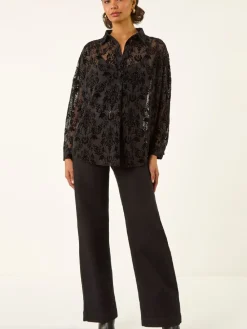 Roman Black Textured Floral V-Neck Blouse Discount