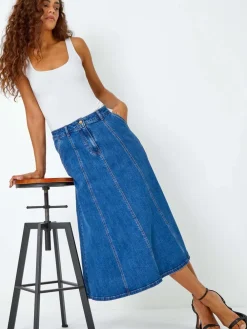 Roman Blue Cotton Denim Panelled Midi Skirt Sale