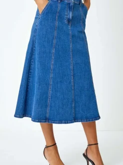 Roman Blue Cotton Denim Panelled Midi Skirt Sale