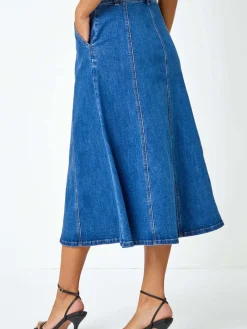 Roman Blue Cotton Denim Panelled Midi Skirt Sale