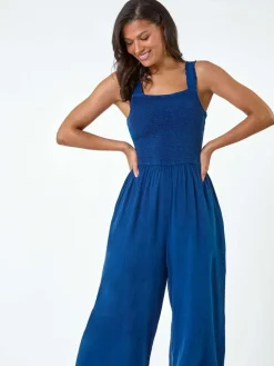 Roman Blue Denim Shirred Bodice Pocket Jumpsuit Best