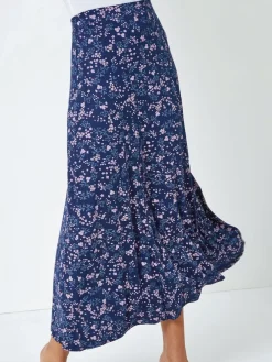 Roman Blue Floral Print Stretch Midi Skirt Discount