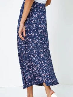 Roman Blue Floral Print Stretch Midi Skirt Discount