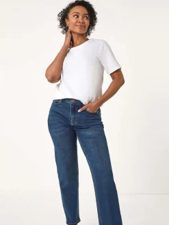 Roman Petite Stretch Straight Leg Trousers Blue Navy New