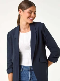 Roman Ruched Sleeve Stretch Blazer Blue