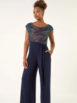 Roman Sequin Bodice Cowl Neck Jumpsuit Blue Outlet