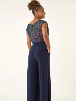 Roman Sequin Bodice Cowl Neck Jumpsuit Blue Outlet