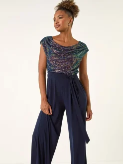 Roman Sequin Bodice Cowl Neck Jumpsuit Blue Outlet