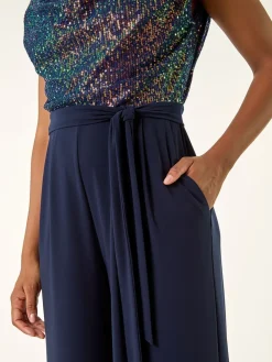 Roman Sequin Bodice Cowl Neck Jumpsuit Blue Outlet