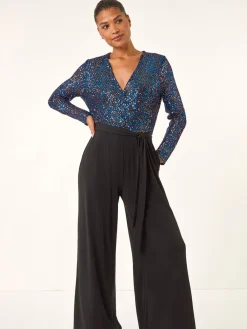 Roman Sequin Wrap V-Neck Stretch Jumpsuit Blue Discount
