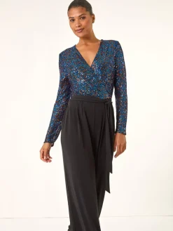 Roman Sequin Wrap V-Neck Stretch Jumpsuit Blue Discount