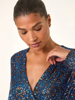 Roman Sequin Wrap V-Neck Stretch Jumpsuit Blue Discount