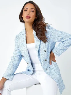 Roman Blue Textured Check Boucle Blazer Jacket