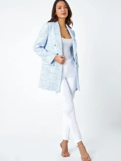 Roman Blue Textured Check Boucle Blazer Jacket