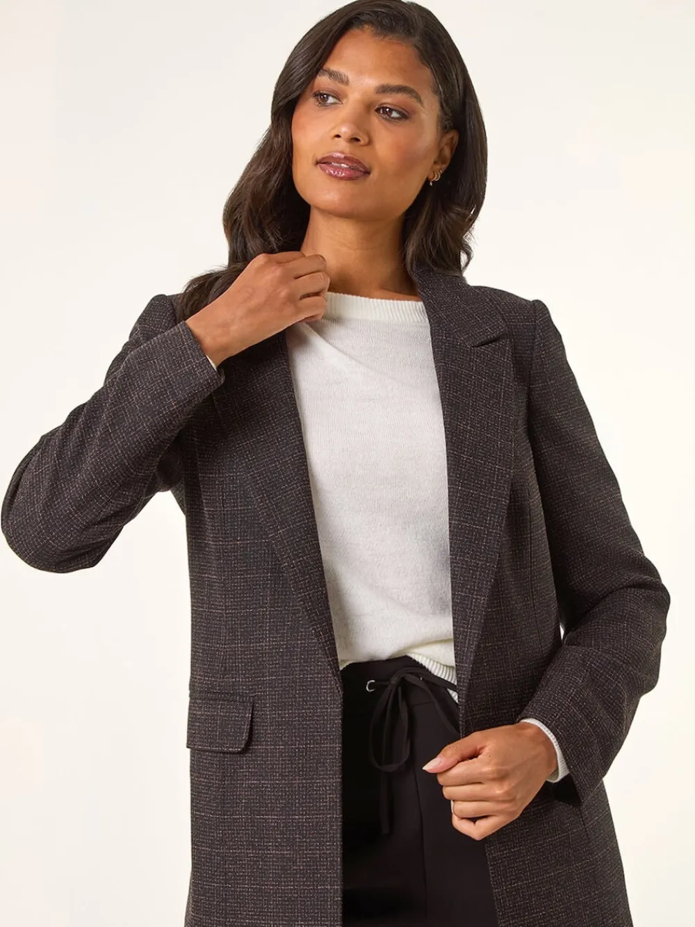 Roman Brown Check Print Longline Blazer Outlet