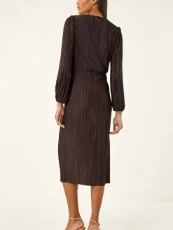 Roman Brown Plisse Twist Front Midi Dress Best