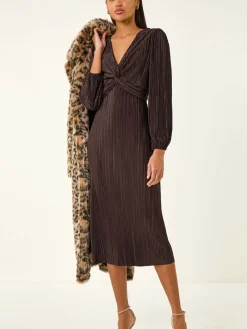 Roman Brown Plisse Twist Front Midi Dress Best