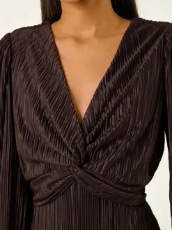 Roman Brown Plisse Twist Front Midi Dress Best