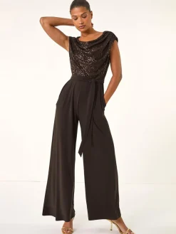 Roman Sequin Bodice Cowl Neck Jumpsuit Brown New
