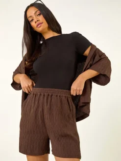 Roman Brown Textured Elastic Waist Woven Shorts Best