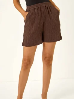 Roman Brown Textured Elastic Waist Woven Shorts Best