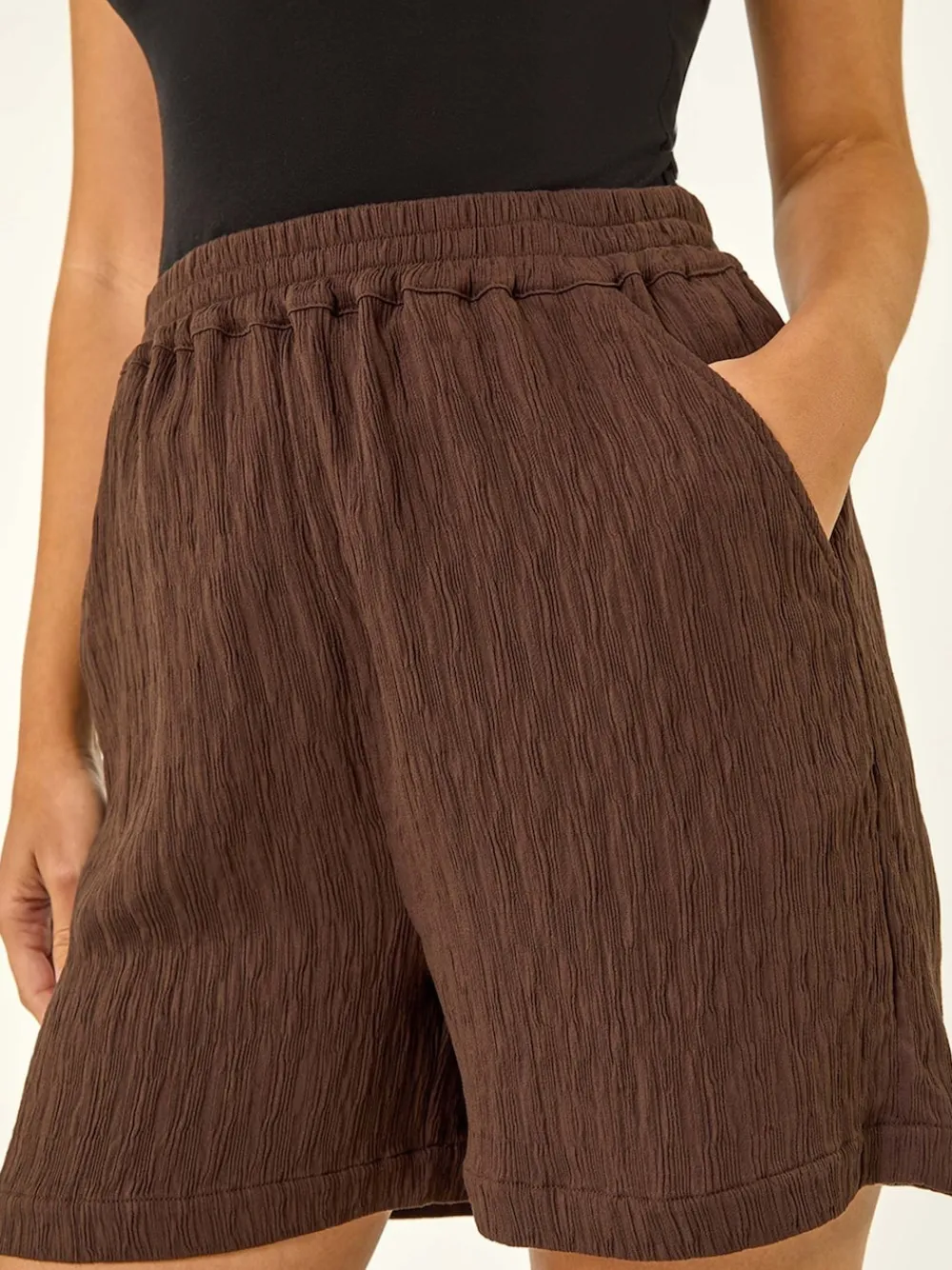Roman Brown Textured Elastic Waist Woven Shorts Best